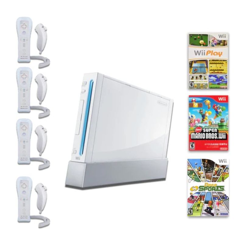 Wii Video Game Console Bundle W/ Deca Sports, New Super Mario Bros, Wii Play & 4 Controllers from 2pgaming