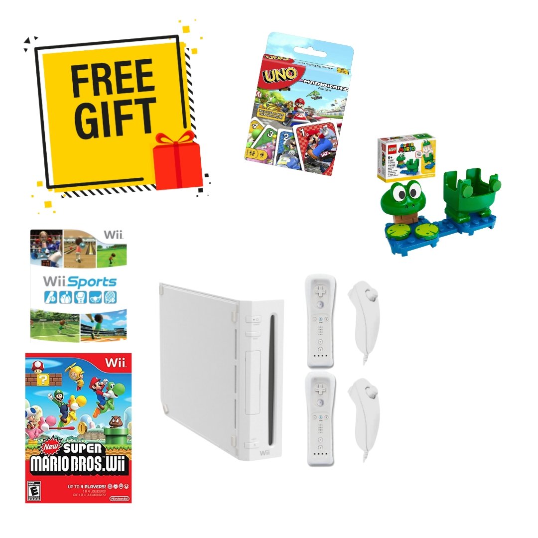 Nintendo Wii Console Bundle White - Wii Sports - New Super Mario Bros - 2 Motion Plus Controllers from 2pgaming