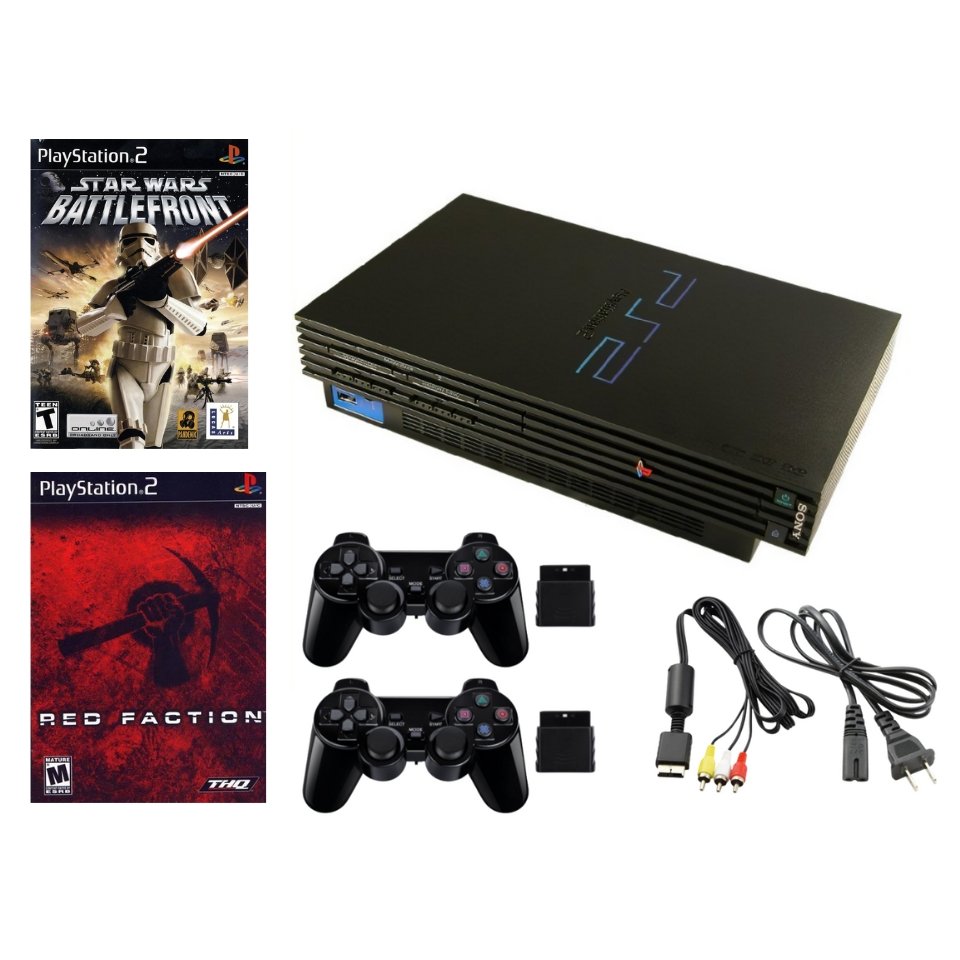 SONY PlayStation 2 PS2 Fat Console Bundle Black - 2 Wiresless Controllers - Red Faction - Star Wars Battlefront from 2pgaming