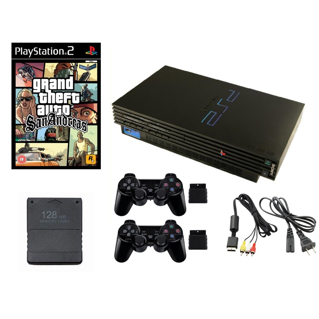 SONY PlayStation 2 PS2 Fat Console Bundle Black - GTA San Andreas - 2 Wireless Controllers from 2pgaming