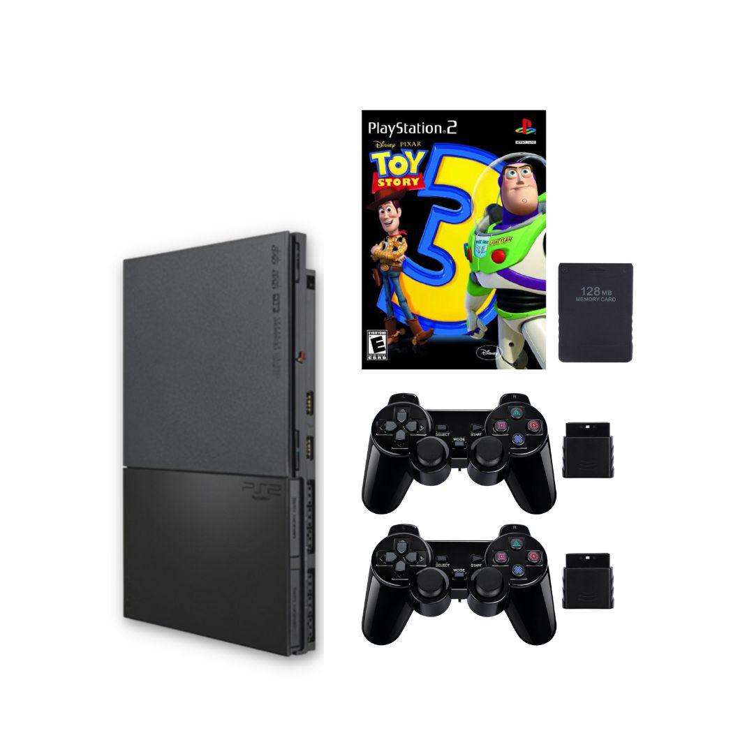 SONY PlayStation 2 PS2 Slim Console Bundle Black - 2 Wireless Controllers - New Toy Story 3 - 128MB Memory Card from 2pgaming