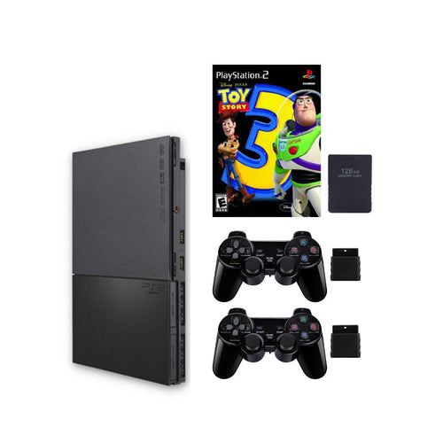 SONY PlayStation 2 PS2 Slim Console Bundle Black - 2 Wireless Controllers - New Toy Story 3 - 128MB Memory Card from 2pgaming