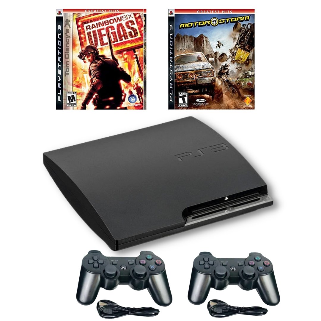 SONY PlayStation 3 PS3 Slim Console Bundle Black - Rainbow Six Vegas - MotorStorm - 2 Wireless Controllers from 2pgaming
