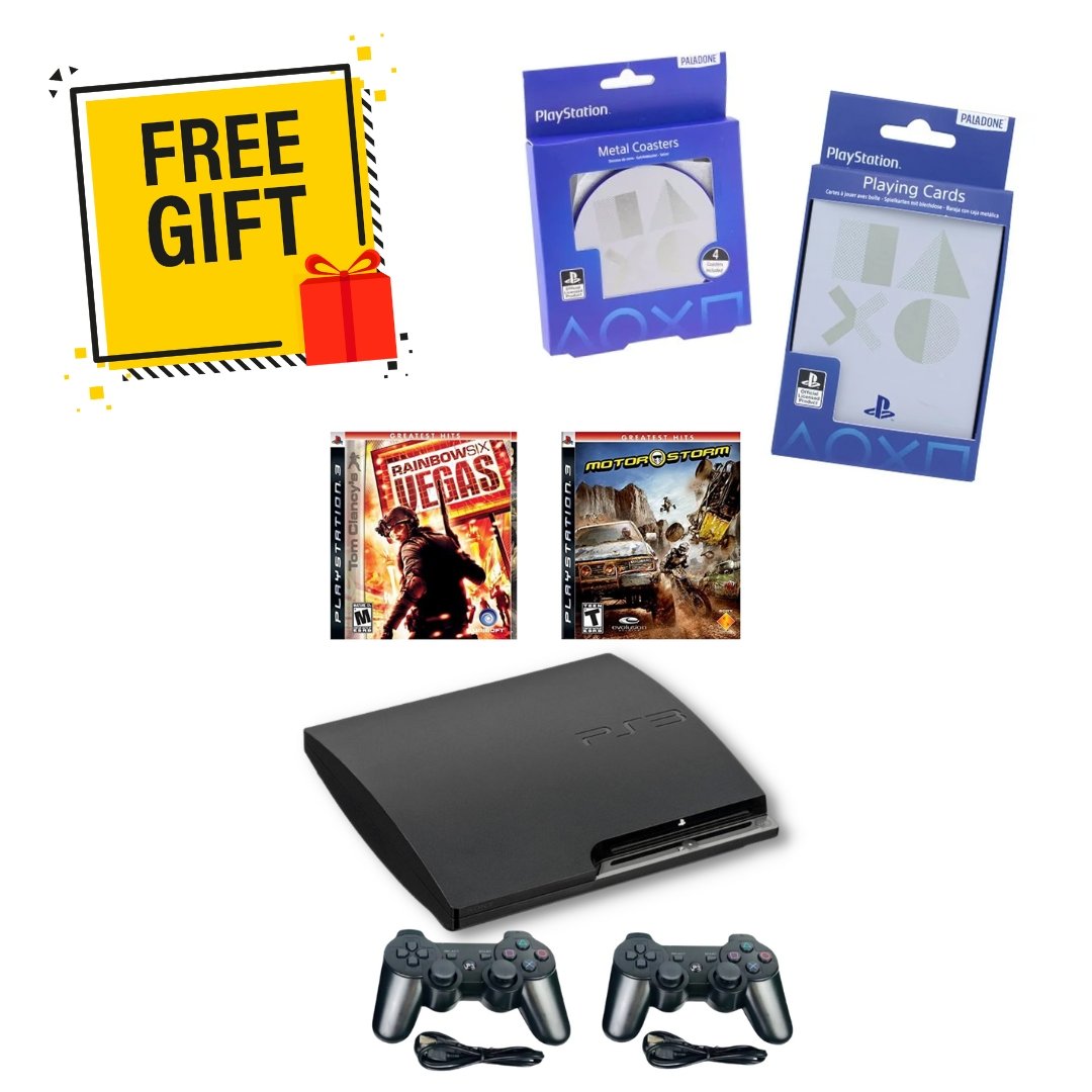 SONY PlayStation 3 PS3 Slim Console Bundle Black - Rainbow Six Vegas - MotorStorm - 2 Wireless Controllers from 2pgaming