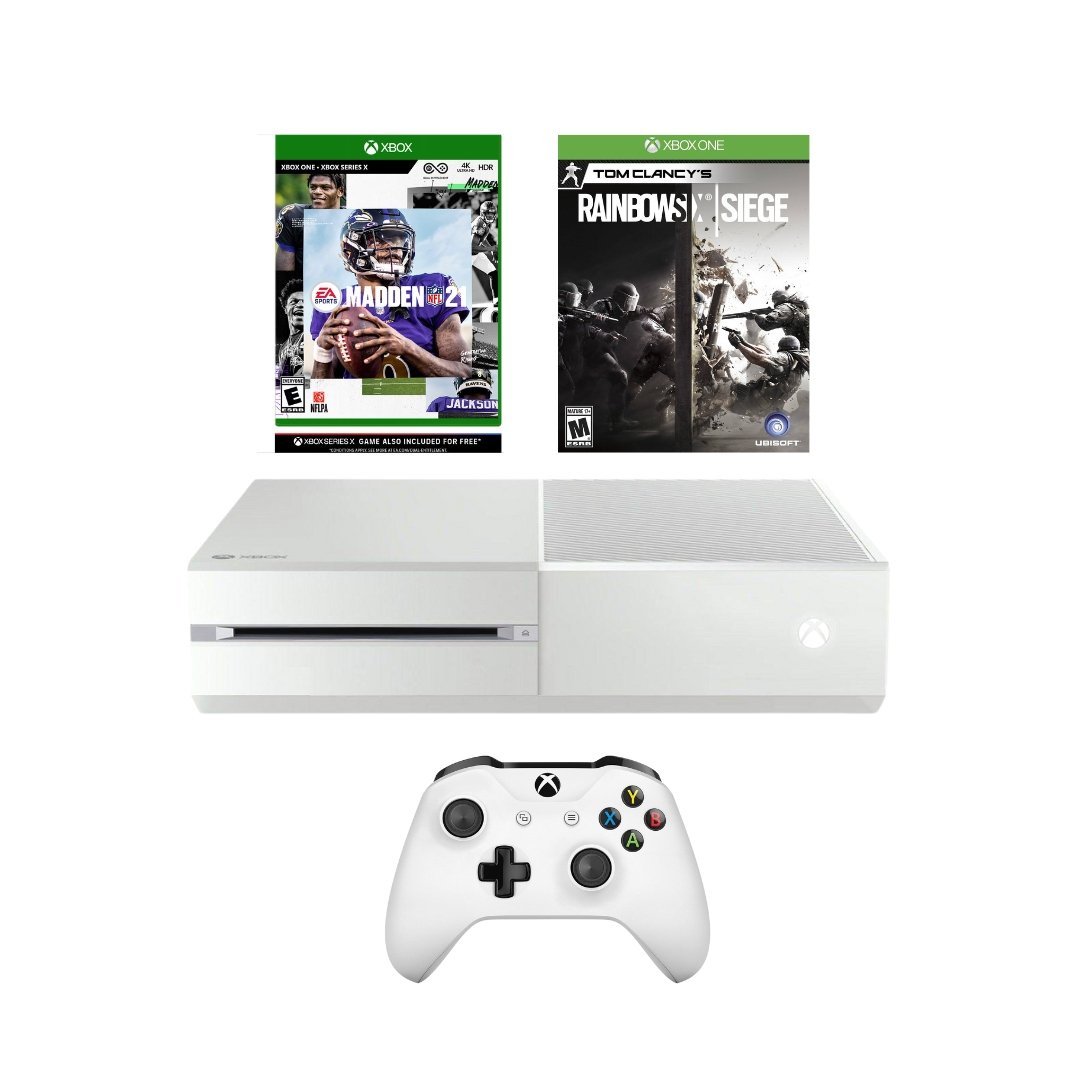White Microsoft Xbox One Original 500GB Console Bundle New Madden 21, Rainbow Six Seige - 2pgaming